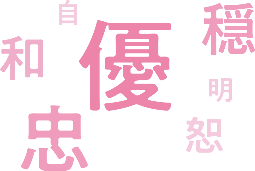 優、隠、忠、和、怒、明、自