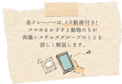 各フレーバーは、AR動画付き！スマホをかざすと動物たちが両備システムズグループのことを詳しく解説します。